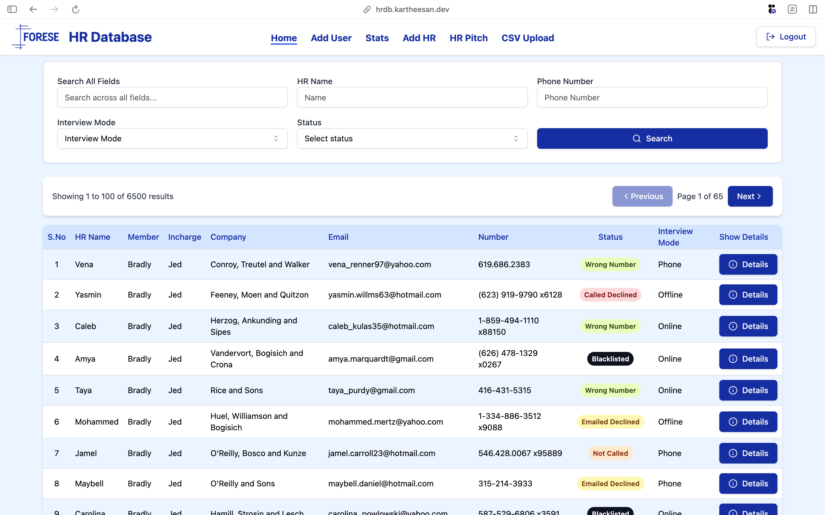 FORESE HR Database dashboard showing HR contacts, filters, and status tags