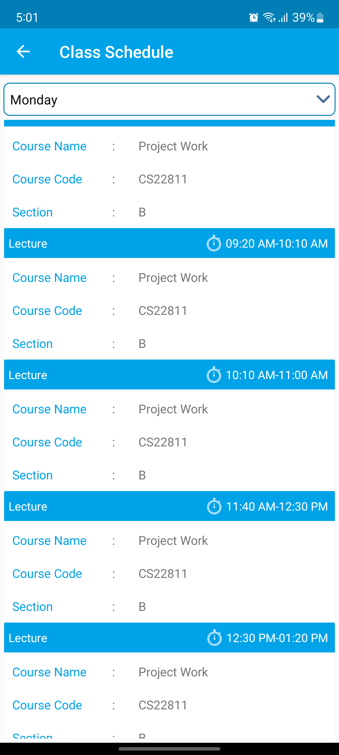 Old Student Diary — Schedule screen